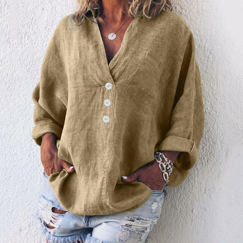 Isabella | Chic V-Neck Linen Button Down Blouse