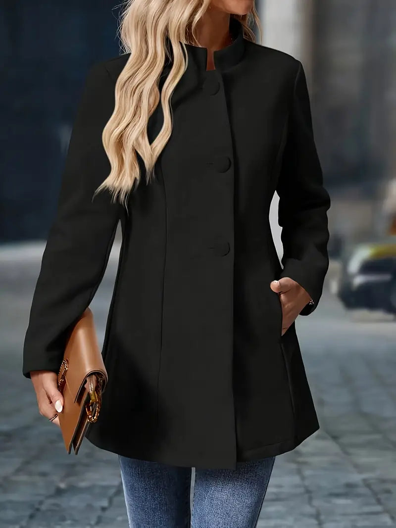 Diana | Elegant Button Front A-Line Coat With Mandarin Collar