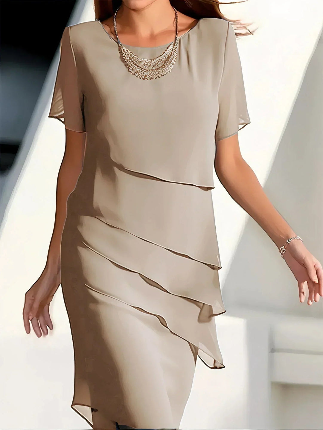 Lucy | Elegant Tiered Chiffon Midi Dress With Short Sleeves
