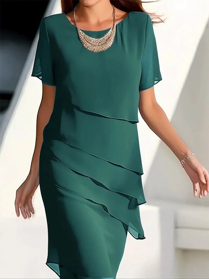 Lucy | Elegant Tiered Chiffon Midi Dress With Short Sleeves