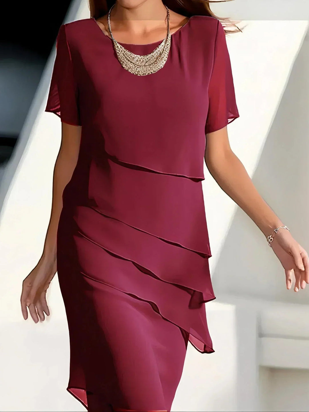 Lucy | Elegant Tiered Chiffon Midi Dress With Short Sleeves