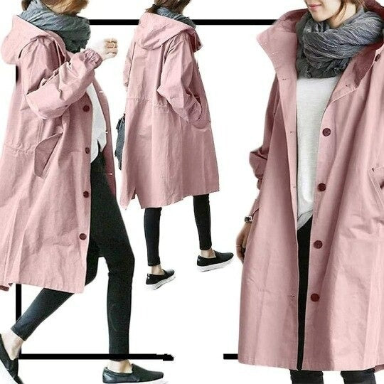 Nora | Elegant Long Hooded Trench Coat With Button Front