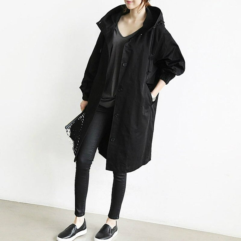Nora | Elegant Long Hooded Trench Coat With Button Front