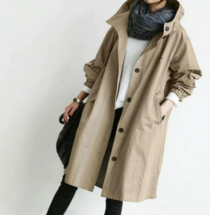 Nora | Elegant Long Hooded Trench Coat With Button Front
