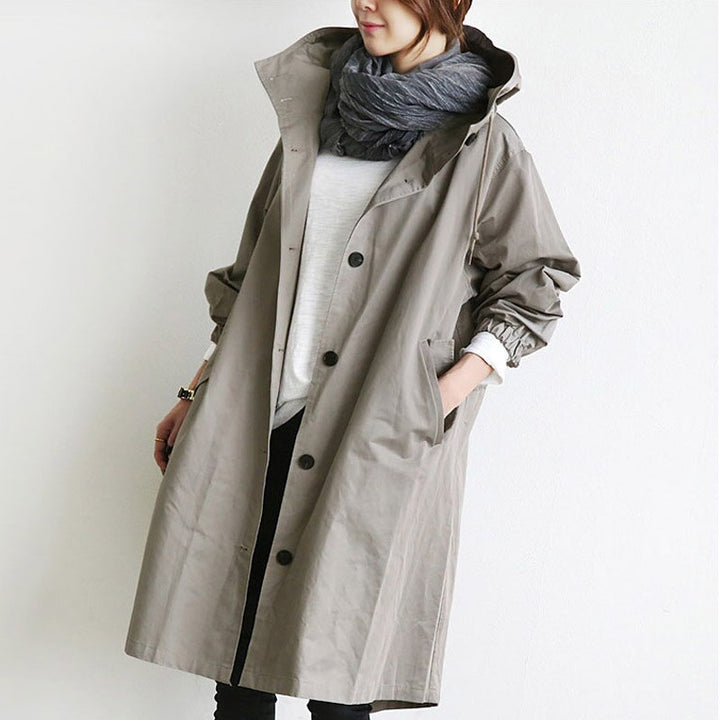 Nora | Elegant Long Hooded Trench Coat With Button Front