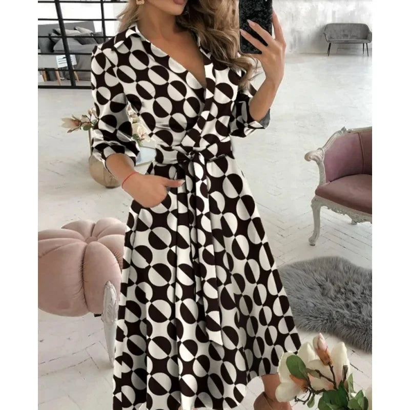 Tilly | Elegant V-Neck Wrap Butterfly Print Midi Dress With Belt