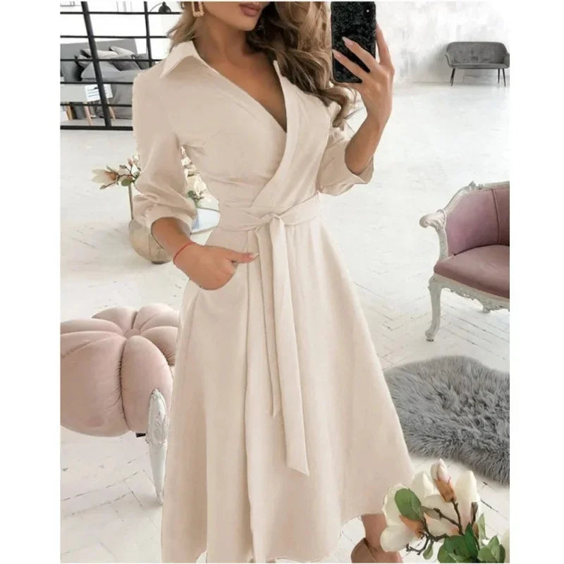 Tilly | Elegant V-Neck Wrap Butterfly Print Midi Dress With Belt
