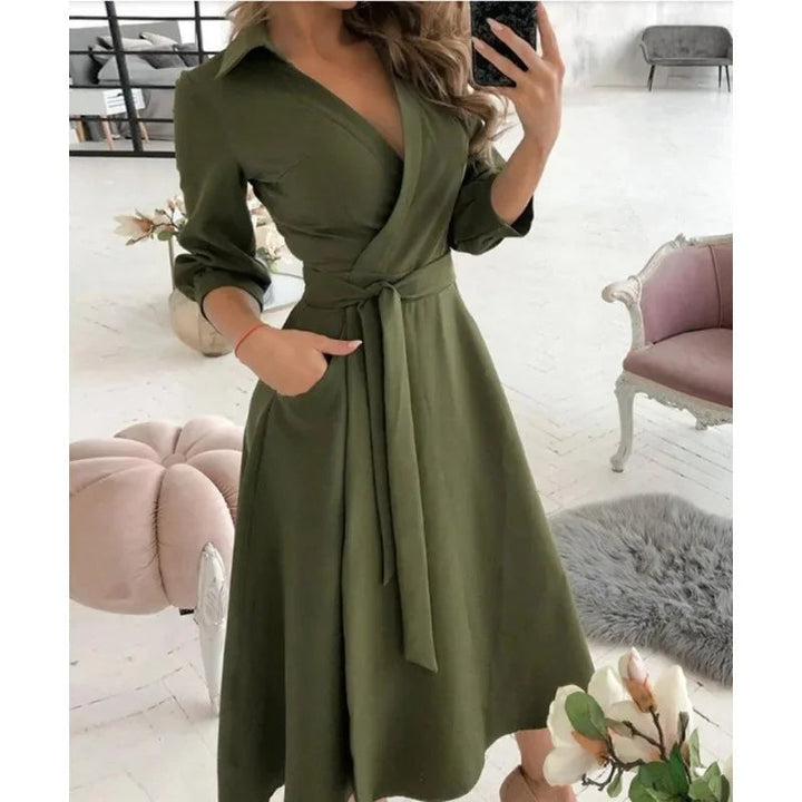 Tilly | Elegant V-Neck Wrap Butterfly Print Midi Dress With Belt