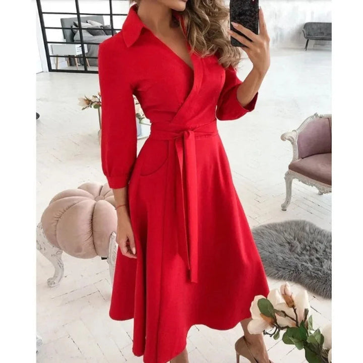 Tilly | Elegant V-Neck Wrap Butterfly Print Midi Dress With Belt