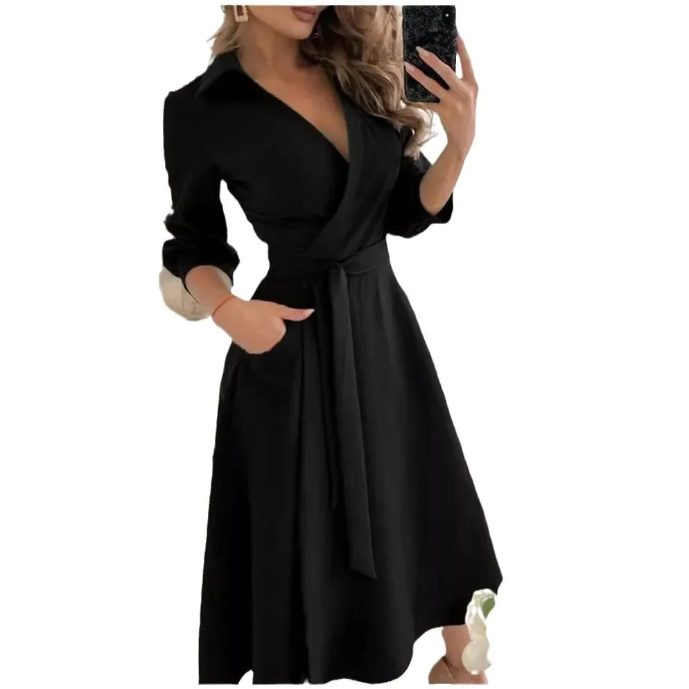 Tilly | Elegant V-Neck Wrap Butterfly Print Midi Dress With Belt
