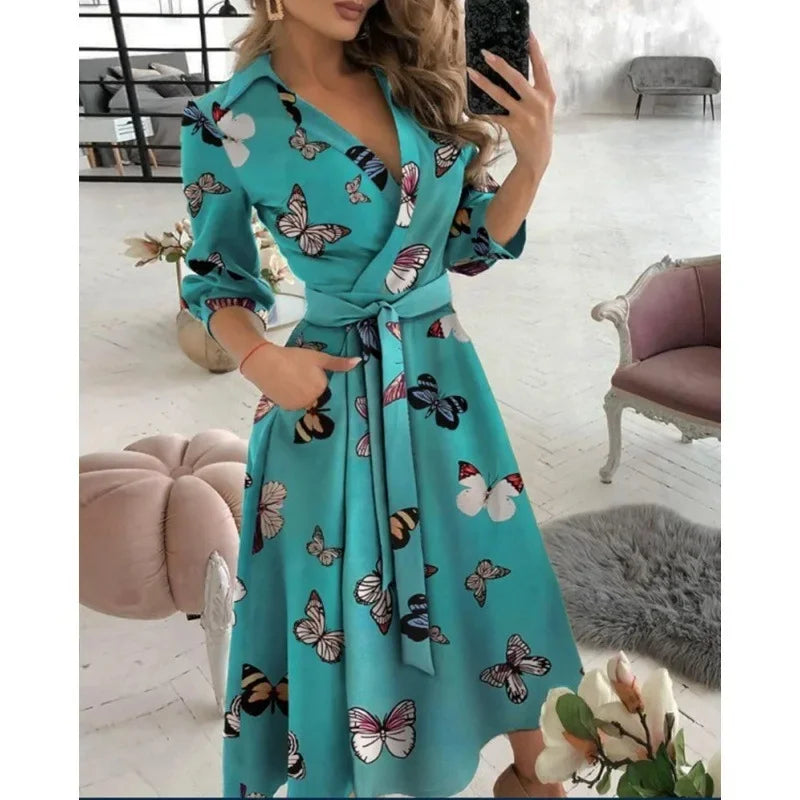 Tilly | Elegant V-Neck Wrap Butterfly Print Midi Dress With Belt