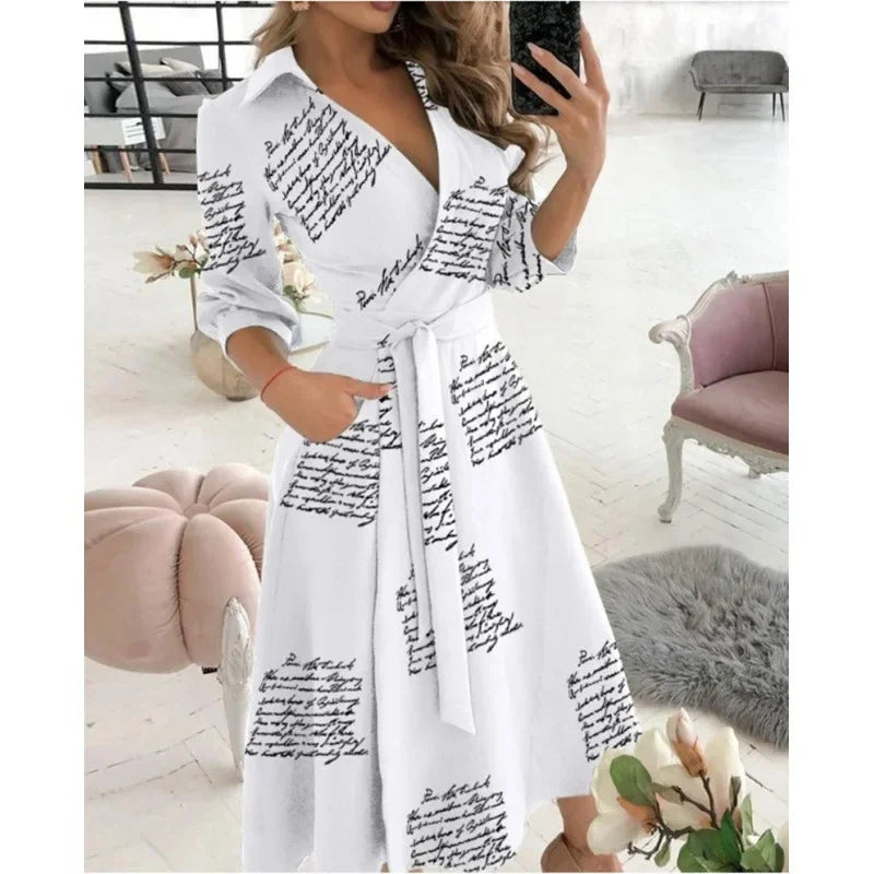 Tilly | Elegant V-Neck Wrap Butterfly Print Midi Dress With Belt