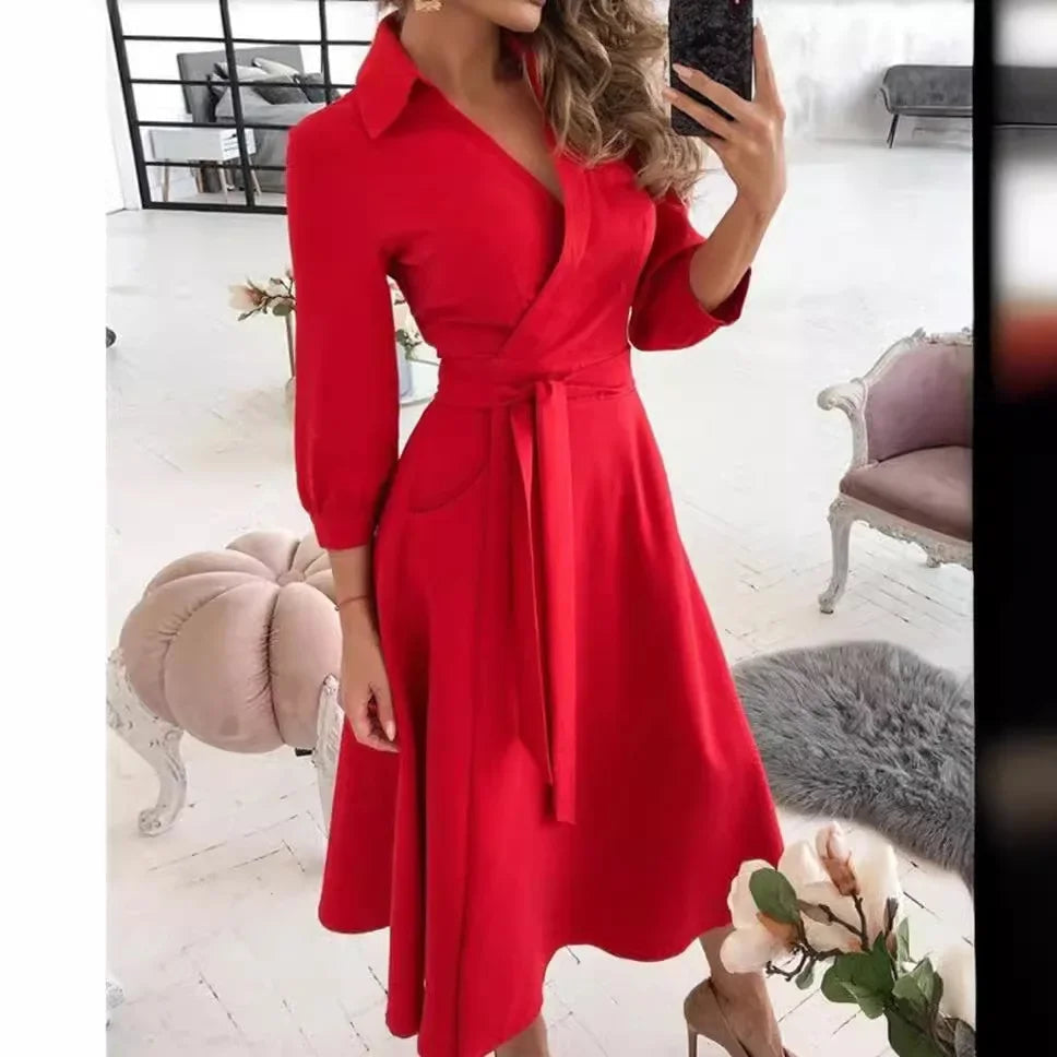Tilly | Elegant V-Neck Wrap Butterfly Print Midi Dress With Belt