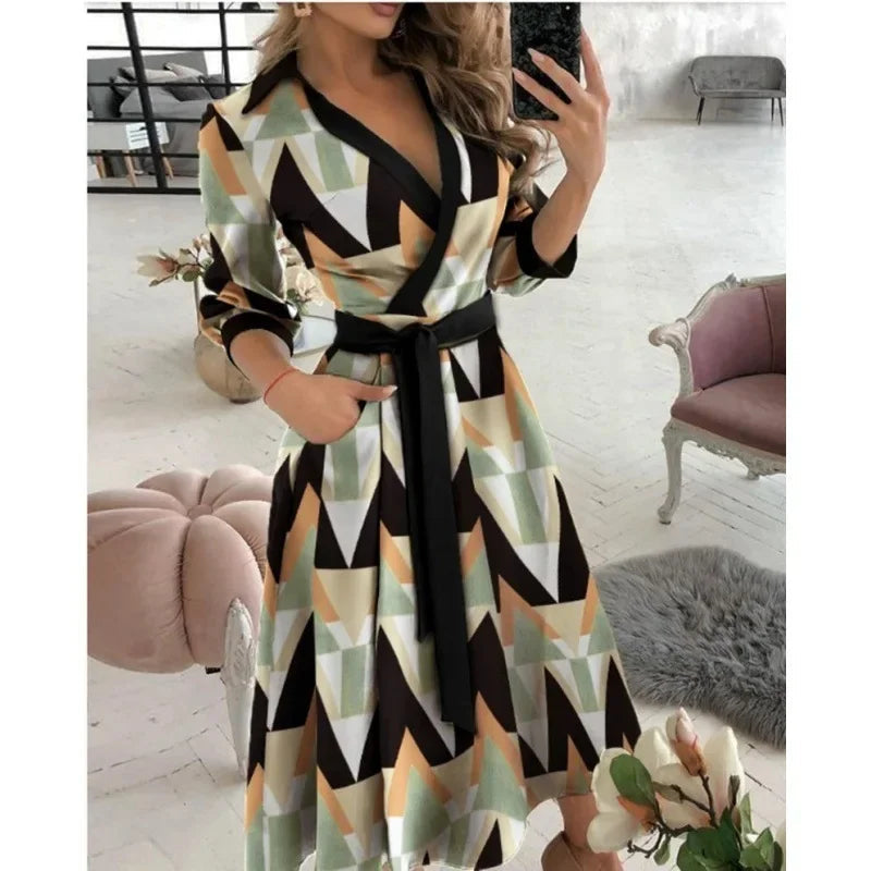 Tilly | Elegant V-Neck Wrap Butterfly Print Midi Dress With Belt