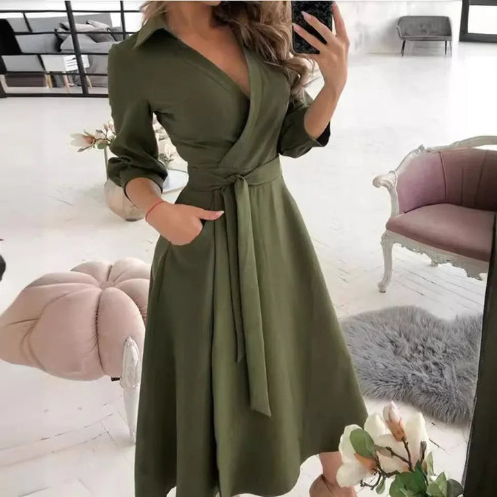 Tilly | Elegant V-Neck Wrap Butterfly Print Midi Dress With Belt