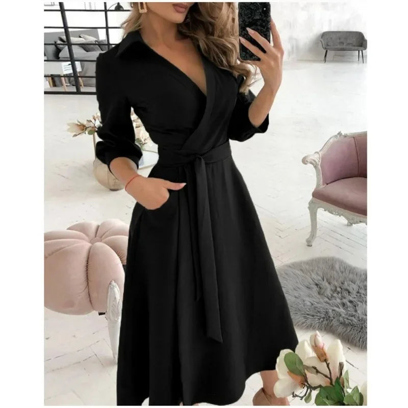 Tilly | Elegant V-Neck Wrap Butterfly Print Midi Dress With Belt