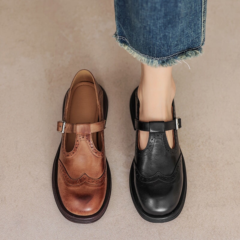 Ava | Elegant Brown Leather Mary Jane Platform Oxford Shoes