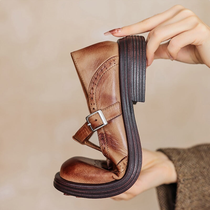 Ava | Elegant Brown Leather Mary Jane Platform Oxford Shoes