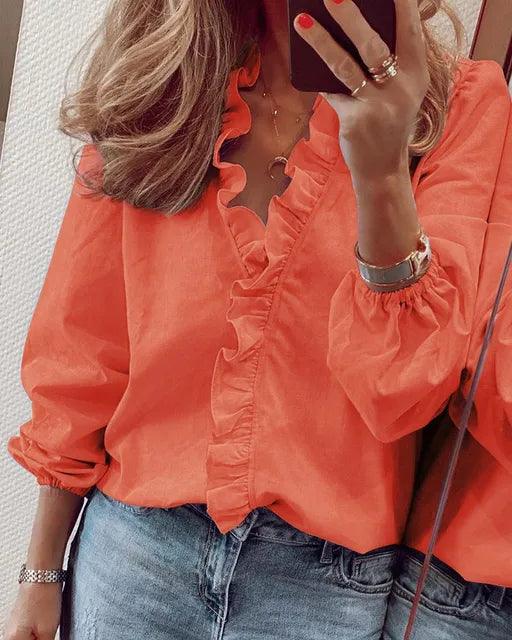 Serena | Elegant Ruffle V-Neck Long Sleeve Blouse