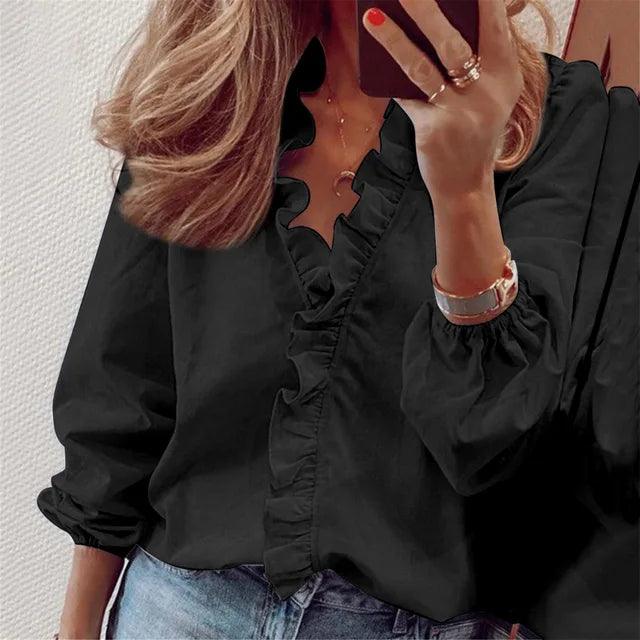 Serena | Elegant Ruffle V-Neck Long Sleeve Blouse