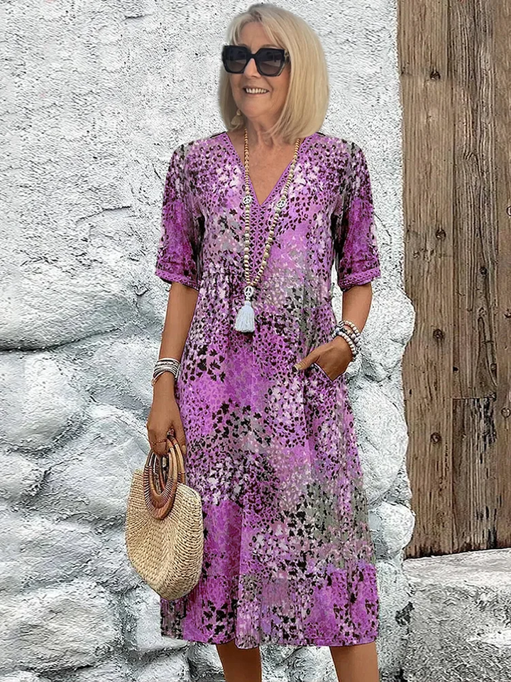 Harper | Elegant V-Neck A-Line Midi Print Dress