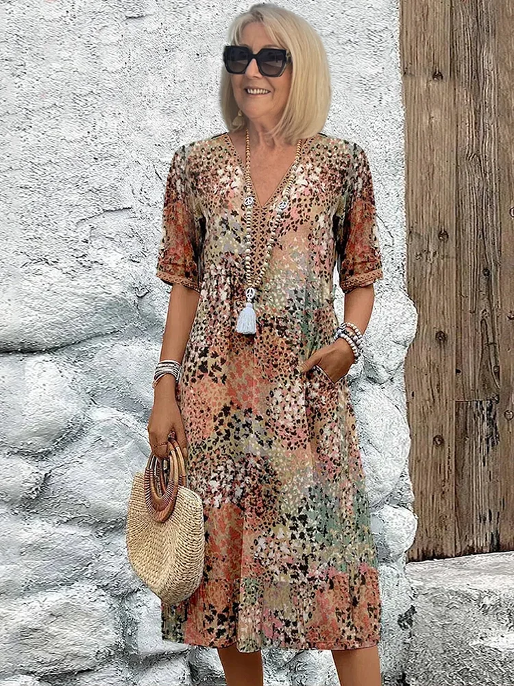 Cordelia | Chic V-Neck Floral Print A-Line Midi Dress