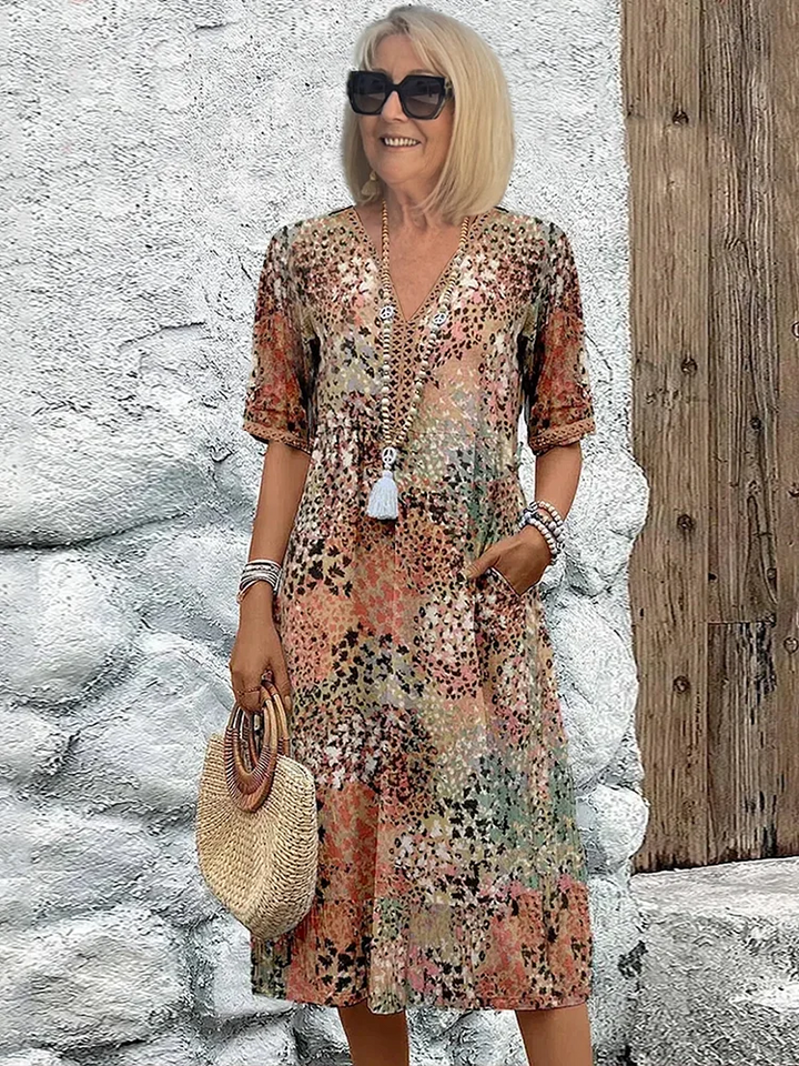 Cordelia | Chic V-Neck Floral Print A-Line Midi Dress