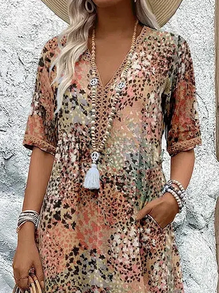 Cordelia | Chic V-Neck Floral Print A-Line Midi Dress
