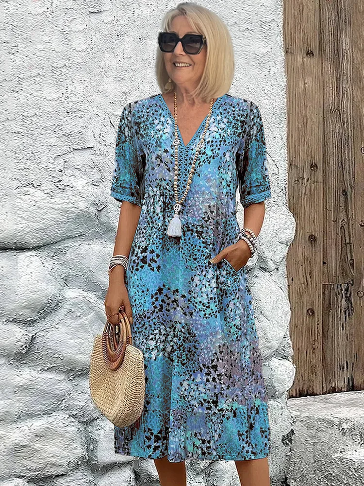 Harper | Elegant V-Neck A-Line Midi Print Dress