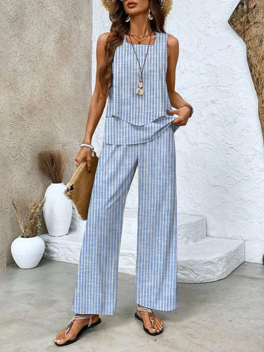 Eva | Elegant Sleeveless Layered Top & Floral Print Wide Leg Set