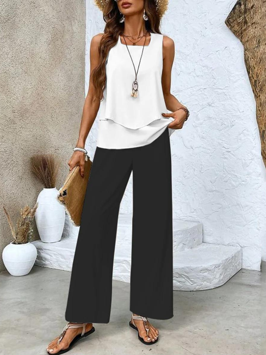 Eva | Elegant Sleeveless Layered Top & Floral Print Wide Leg Set