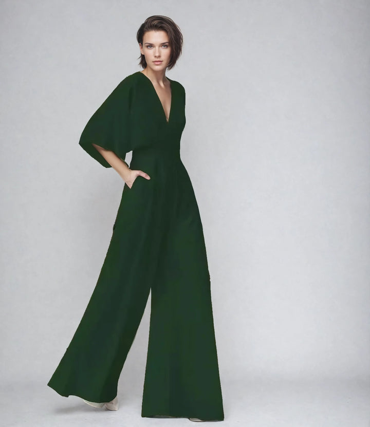 Melanie | Elegant Black Wide Leg V-Neck Butterfly Sleeve Jumpsuit
