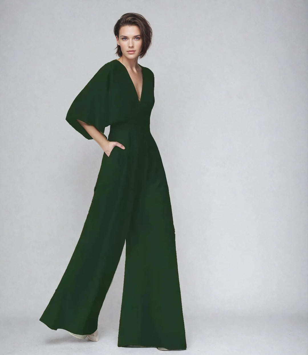 Nina | Elegant V-Neck Wide Leg Jumpsuit With Flutter Sleeves
