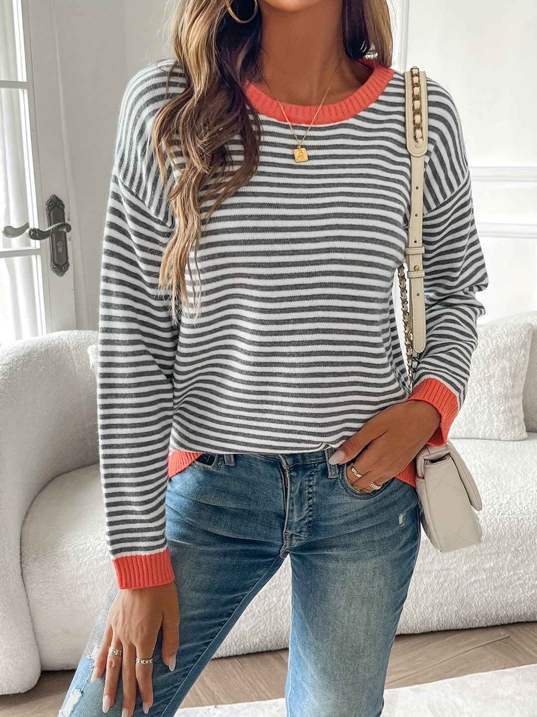 Ophelia | Elegant Striped Crew Neck Sweater With Contrast Trim
