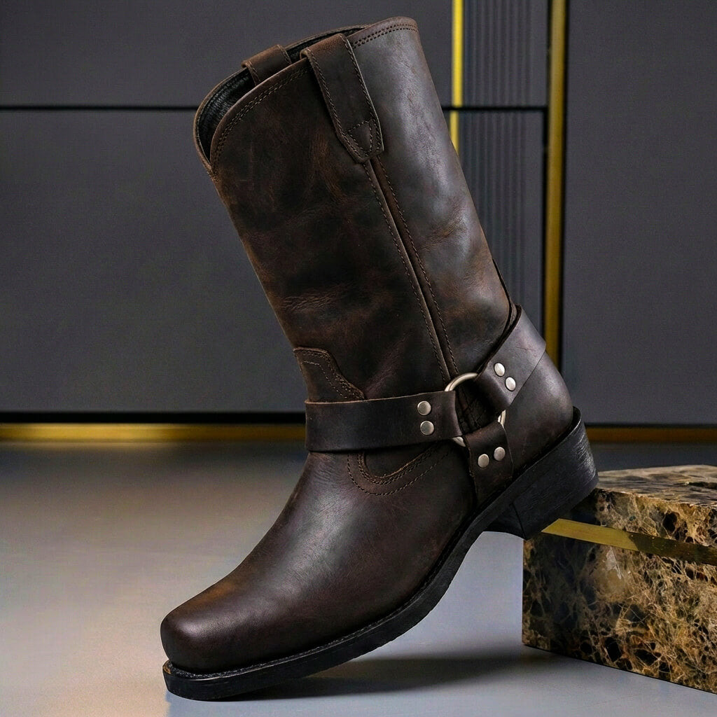 Enya | Stylish Brown Leather Harness Boots With Metal Hardware