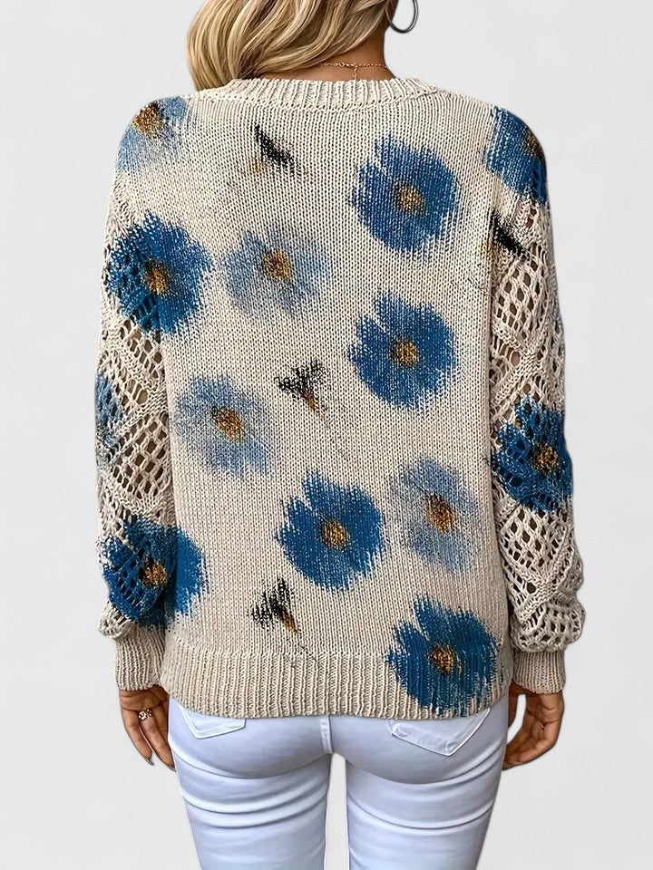 Millie | Elegant V-Neck Floral Knit Sweater With Lace Sleeves