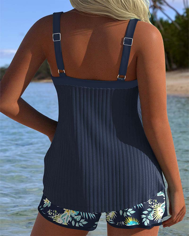 Hazel | Chic Ribbed Tankini Set With Floral Print Swim Shorts