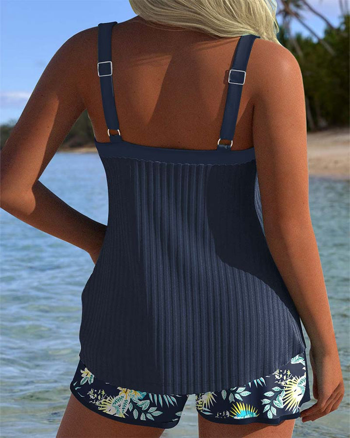 Hazel | Chic Ribbed Tankini Set With Floral Print Swim Shorts