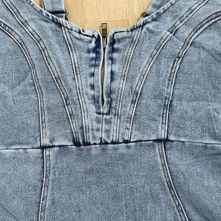Mirabella | Stylish Backless Denim Midi Dress With Adjustable Straps