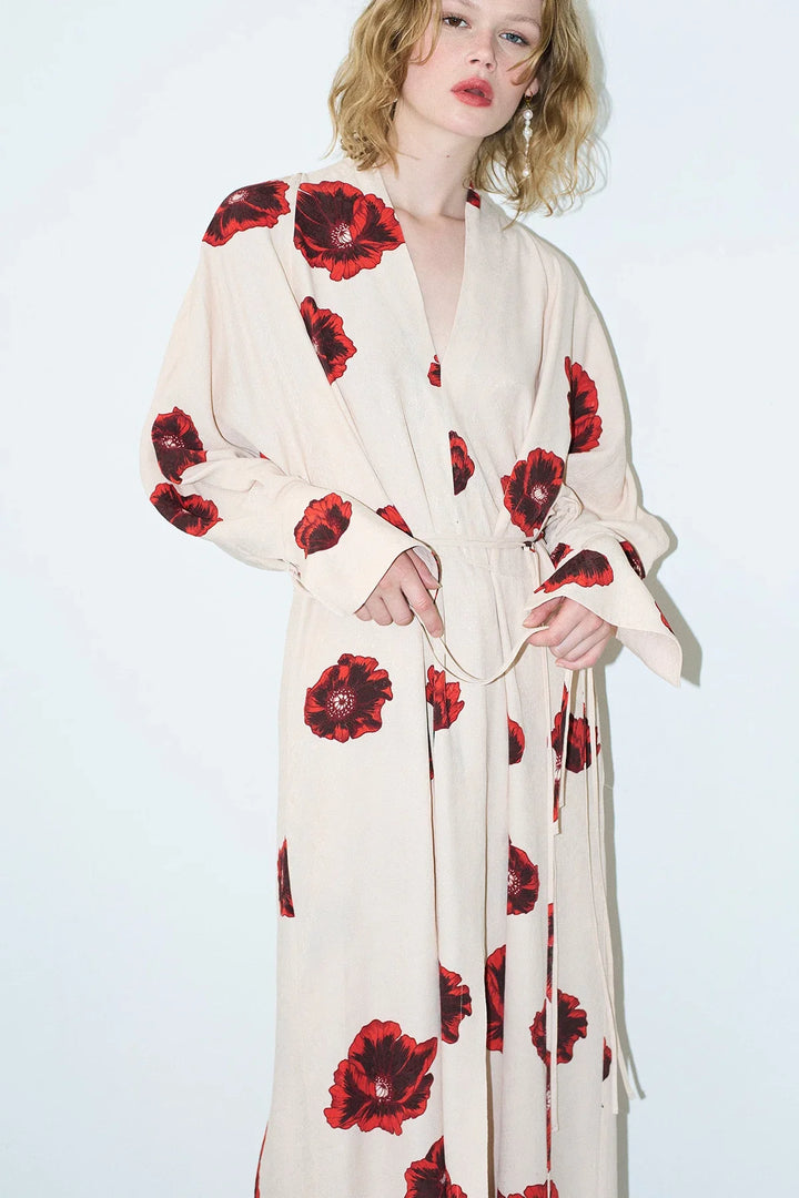 Dahlia | Elegant Floral Print Wrap Maxi Kimono Dress