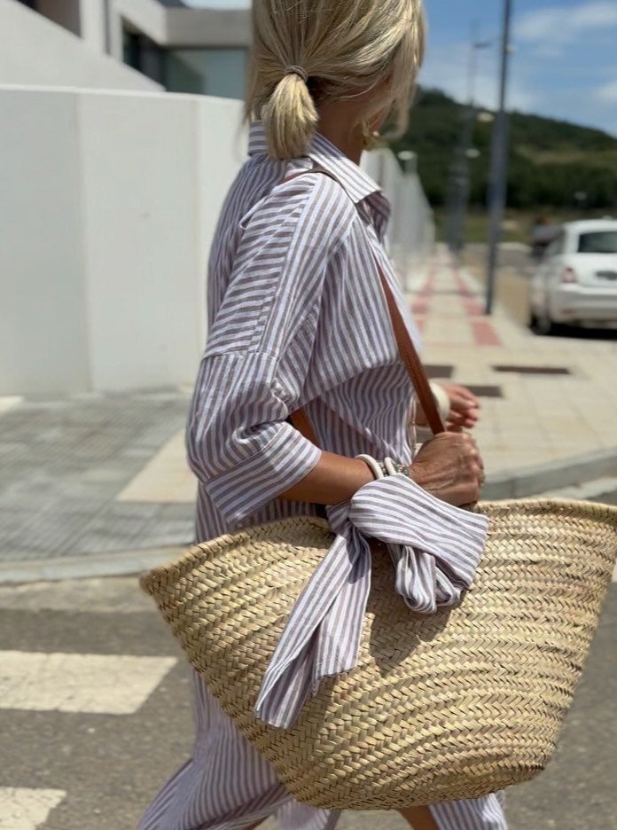 Veronica | Elegant Striped Midi Shirt Dress With Button Front