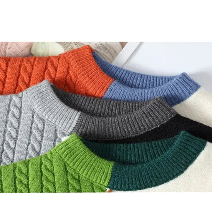 Fiona | Stylish Cable Knit Patchwork Sweater