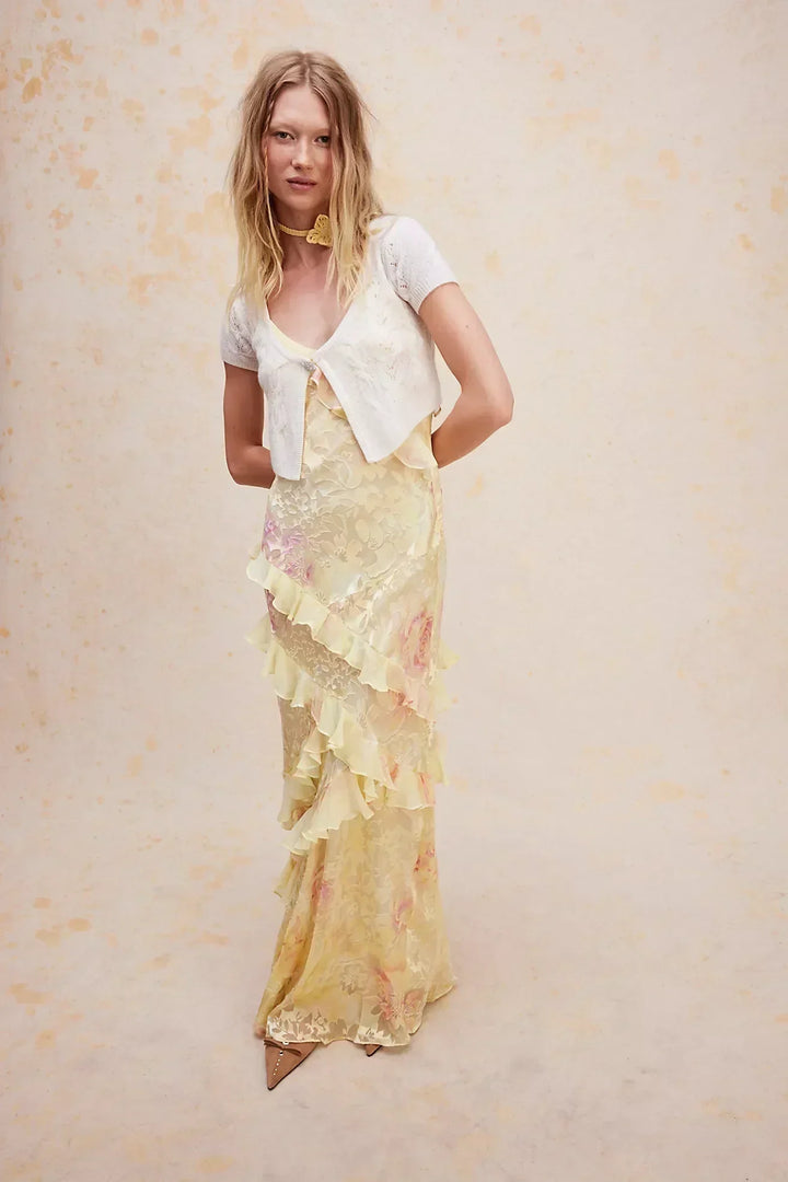 Sybil | Elegant Tiered Ruffle V-Neck Floral Maxi Dress