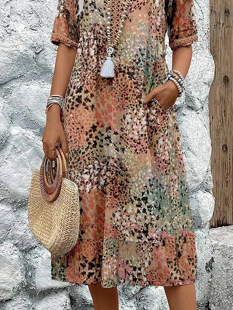 Holly | Elegant V-Neck Floral Print Midi Dress With Short Sleeves
