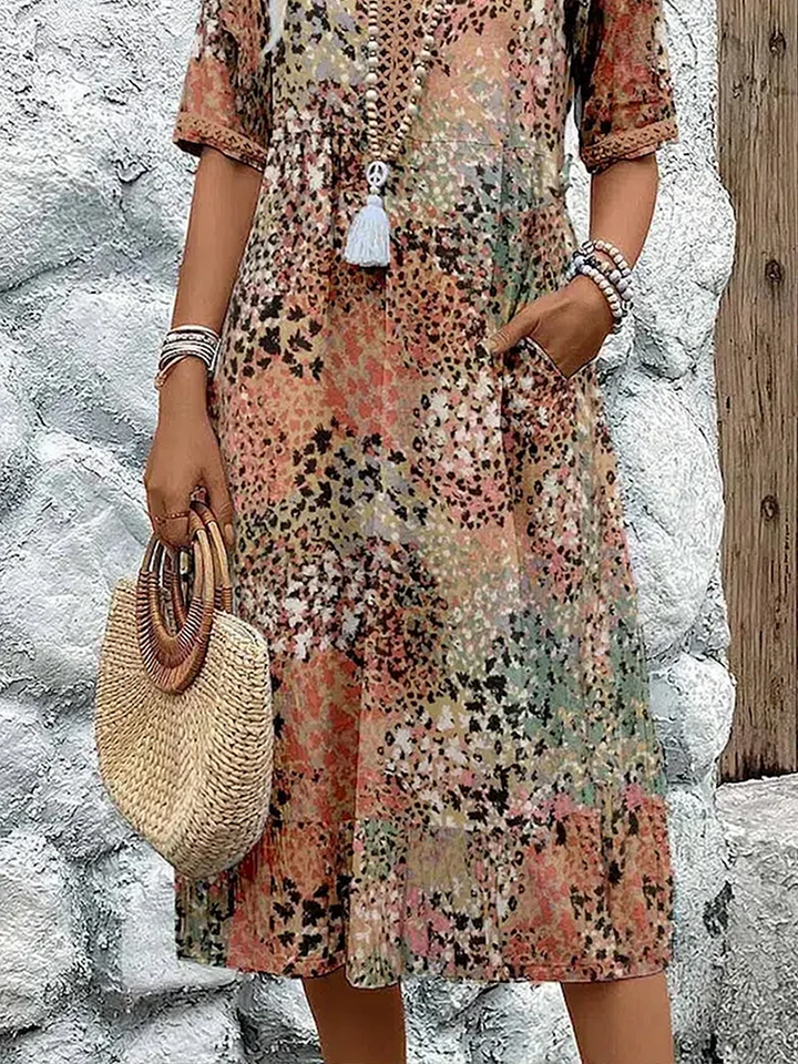 Holly | Elegant V-Neck Floral Print Midi Dress With Short Sleeves
