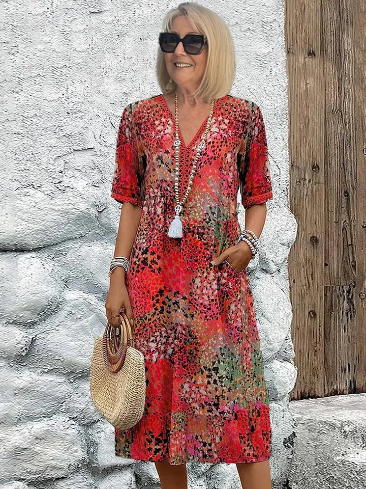 Holly | Elegant V-Neck Floral Print Midi Dress With Short Sleeves