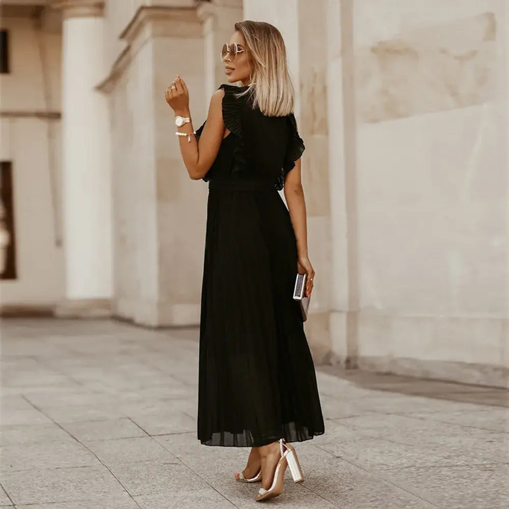 Celeste | Elegant White V-Neck Ruffle Maxi Dress Sleeveless