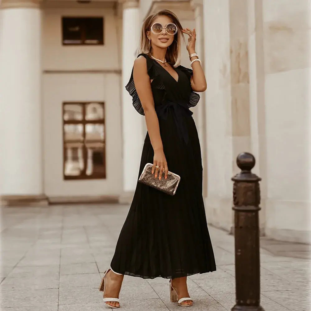 Celeste | Elegant White V-Neck Ruffle Maxi Dress Sleeveless
