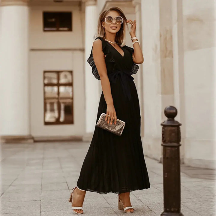 Seraphina | Elegant White Ruffle Maxi Dress V-Neck Sleeveless