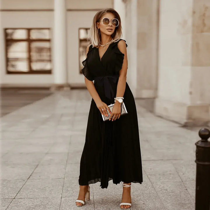 Celeste | Elegant White V-Neck Ruffle Maxi Dress Sleeveless